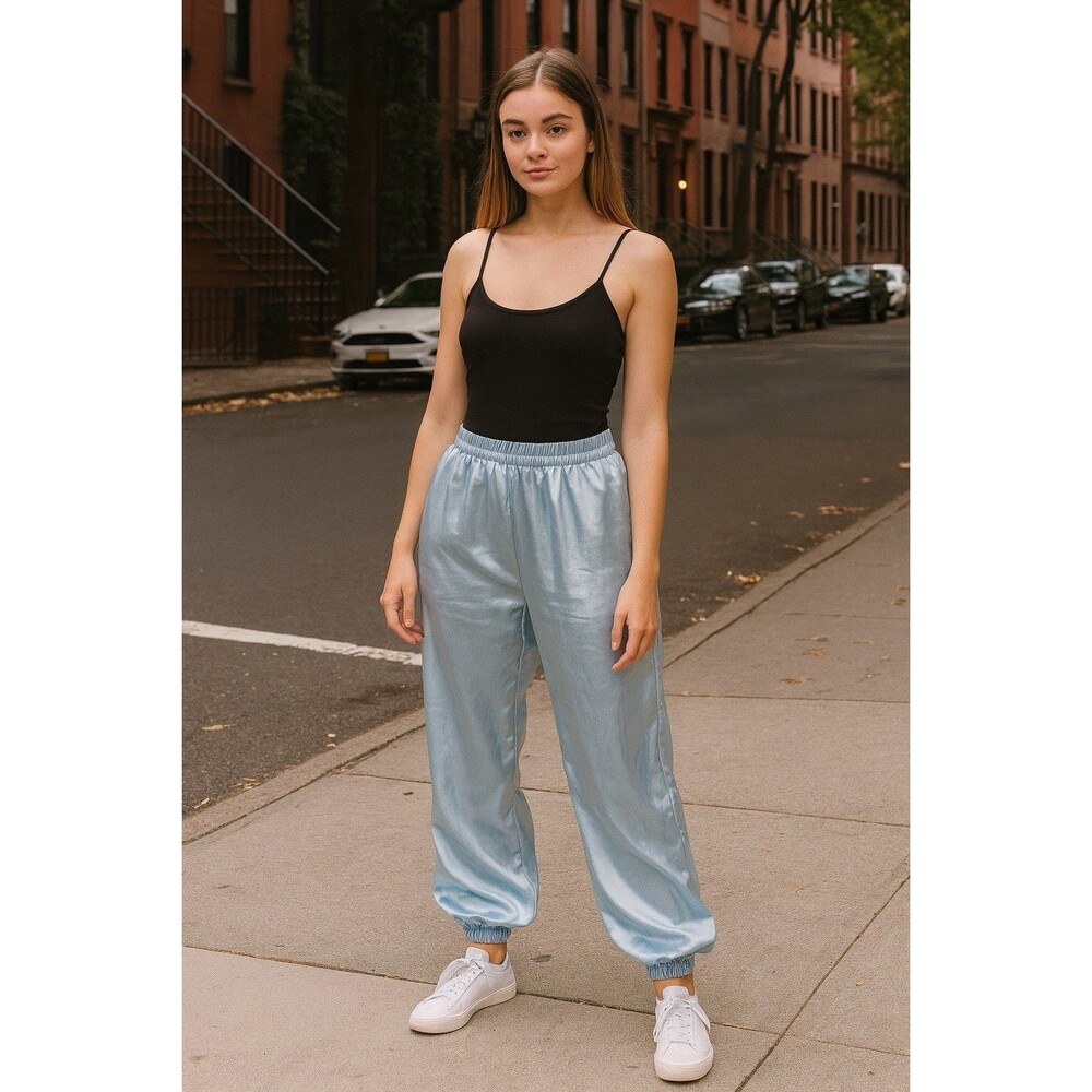 ZARA Baby Blue Silky Joggers Sz S Shiny Lined Sweatpants Streetwear Cozy Lounge